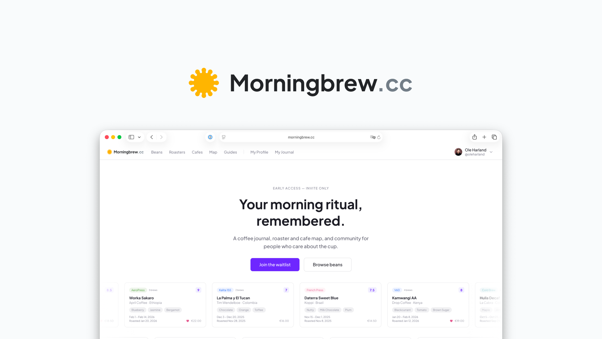 Morningbrew: A specialty coffee journal, roaster map, and community brew database. Designed and built end-to-end.